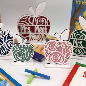 Floral Apple Teacher Shelf Sitters - Set of 5 With Split Monogram with Stands SVG Digital Download for Glowforge or Laser