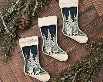 Set di ornamenti per calze di scene di boschi della famiglia dei cervi Download digitale SVG per Glowforge o Laser -Non un elemento fisico