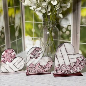 Zestaw 3 serc w stylu Flourish Farmhouse SVG do pobrania cyfrowego dla Glowforge lub Laser dla materiału 1/8” i 1/4” Nie jest to przedmiot fizyczny
