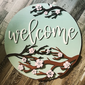 Sinal de boas-vindas em flor de cerejeira Download digital SVG para Glowforge ou Laser, não é um item físico