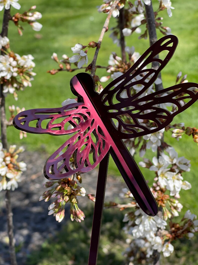 May include: A burgundy metal dragonfly garden stake with intricate cutouts. The stake is placed in front of a bush with white blossoms.