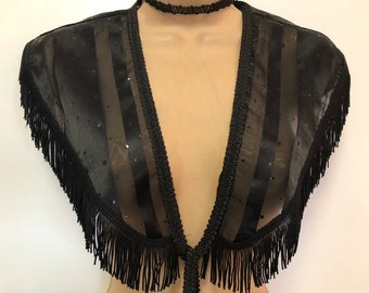 Fringed Black Capelet, Sz MEDIUM***, Handmade Shawl, Sheer Striped Collar, Ladies Accessory, Vintage Inspired Capelet, Black Evening Wrap.