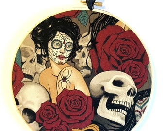 SALE! Day of the Dead 7” Hoop Art, Handmade, New, Goth, Skull & Bones Wall Hanging