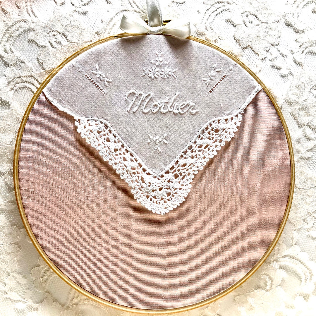 SALE Mother Hoop Art, Home Decor Hoop Art, Mother Hanky 7 Round Hoop
