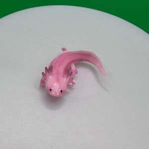 May include: A pink axolotl figurine with black eyes. The figurine is curled up in a circle with its tail wrapped around its body.
