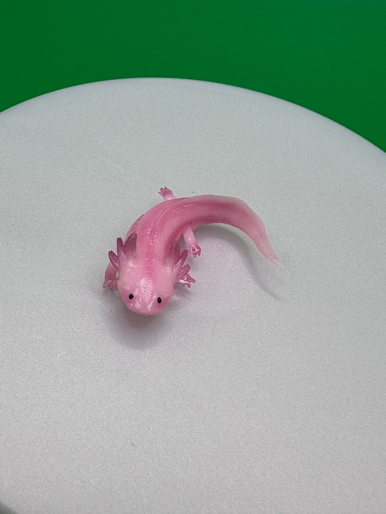 May include: A pink axolotl figurine with black eyes. The figurine is curled up in a circle with its tail wrapped around its body.