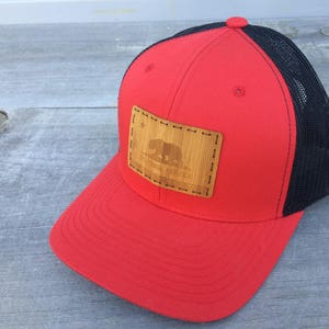 Cali Bear Bamboo Trucker Ball Cap- Laser Engraved Bamboo California Flag Handstitched Onto Stylish Red/Black Trucker Baseball Cap