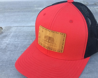 Cali Bear Bamboo Trucker Ball Cap- Laser Engraved Bamboo California Flag Handstitched Onto Stylish Red/Black Trucker Baseball Cap