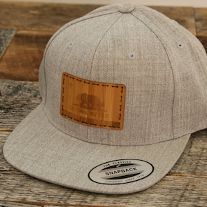 Cali Bear Bamboo Snapback Ball Cap- Laser Engraved Caramel Bamboo California Flag Handstitched Onto Stylish Heather Grey Snapback