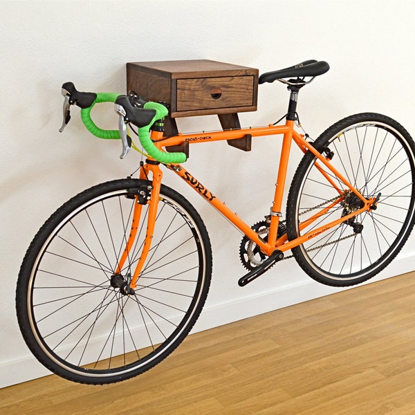 The Clifton Bike Rack - Stylish wall mount indoor bike shelf in walnut with drawer for accessories and bike gear.