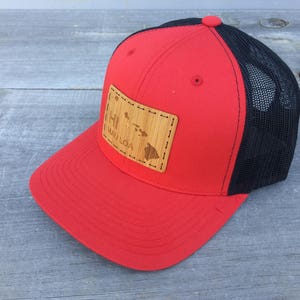 HI Mao Loa - Hawaii Forever Bamboo Trucker - Laser Engraved Bamboo Hawaii Forever Graphic Handstitched Onto Stylish Red/Black Trucker Hat