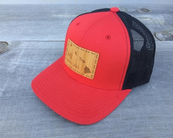 HI Mao Loa - Hawaii Forever Bamboo Trucker - Laser Engraved Bamboo Hawaii Forever Graphic Handstitched Onto Stylish Red/Black Trucker Hat