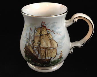 Vintage Sadler England 5 Inch Tall Mug Featuring a Series of Galleon Sailing Ships on 2 Sides   04170