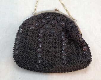 Vintage Black Beaded Purse by Golden Name and Made in Hong Kong   02274