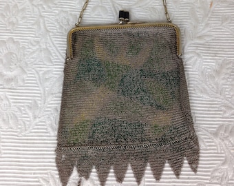 Vintage to Antique Super-Fine Chain Mail Purse with Faded Painted Pattern NEEDS REPAIR  5 3/4 by 4 1/2 Inches   05106