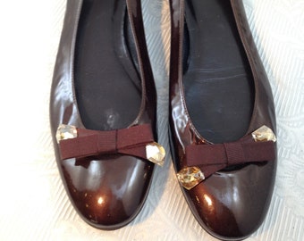 Vintage Stuart Weitzman Flats Size 8 1/2 Narrow Dark Metallic Brown with Crystals on Bow   02835