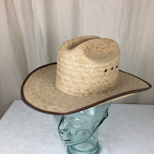 Vintage Palm Leaf Straw Cowboy Hat by Unknown Maker with No Hatband   Size Small            04056
