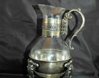 Vintage Silverplate and Glass Carafe and Warming Stand Missing Lid   03888