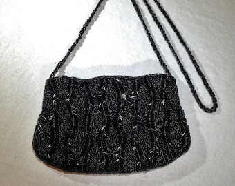 Vintage Black Beaded Purse with Beaded Handle    02631