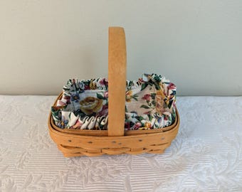 Koszyk Vintage Longaberger, mały, 6 5/8 x 5 1/4 i 2 1/4 cala wysokości, z uchwytem stałym, wkładką plastikową i wyściółką z materiału 04664