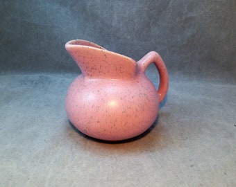 Vintage Ceramic Pitcher Pink with Blue Speckle Drips Small 4 3/8 Inches Tall With K Something Inscribed on Bottom   04224