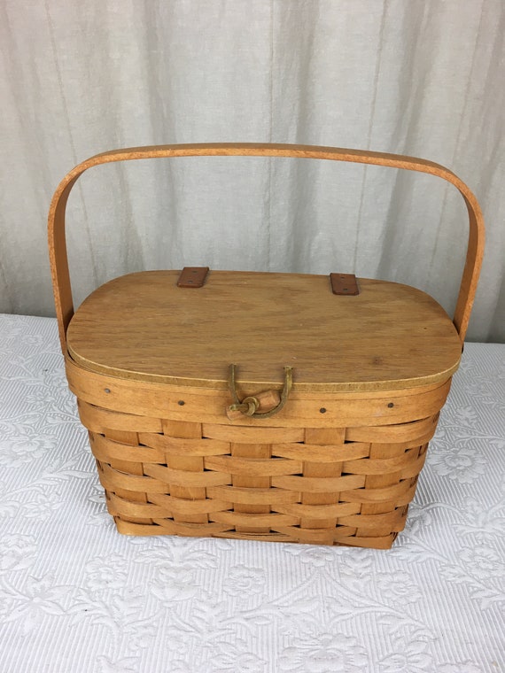 Longaberger Basket With Leather Hinged Wooden Lid and Wooden