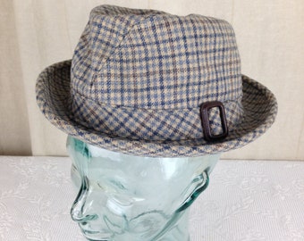Vintage Pendleton Wool Blue and Tan Plaid Pattern Bucket Style Fedora Size 6 7/8   04770