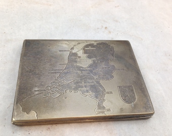 Vintage Alpacca Hoka Silver Plated Cigarette Case Featuring a Map of The Netherlands   04241