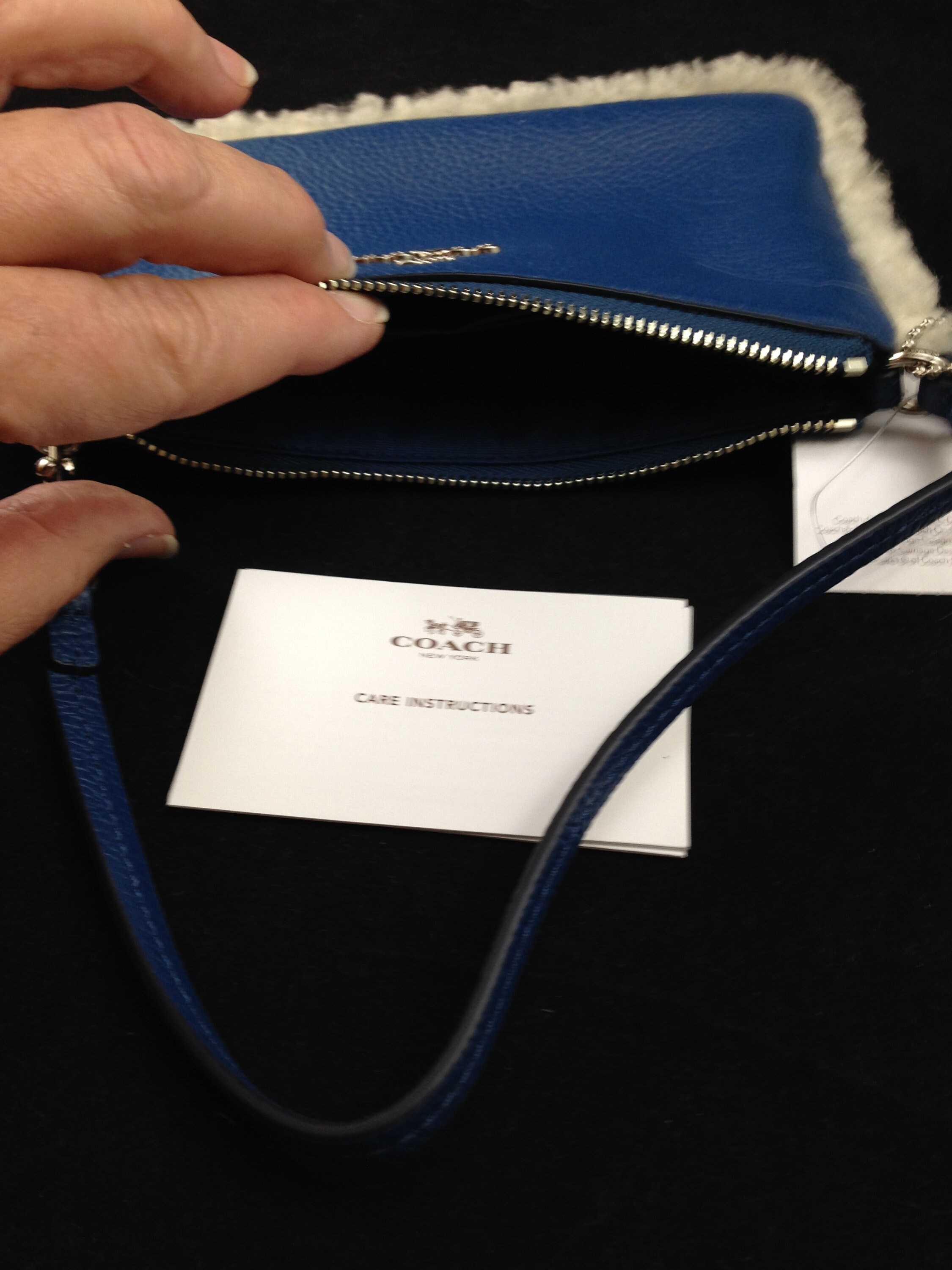 Coach Leather and Shearling Slate Blue Wristlet Clutch Style Purse