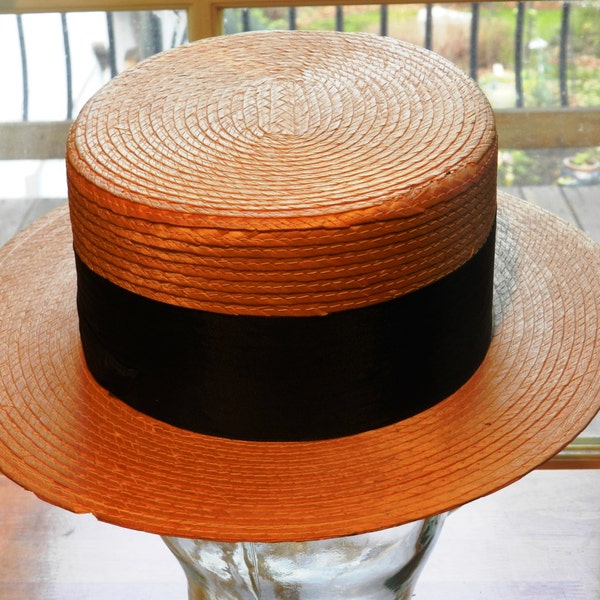 Vintage Italian Made Straw Boater's Hat Flat Top and Rigid            03542