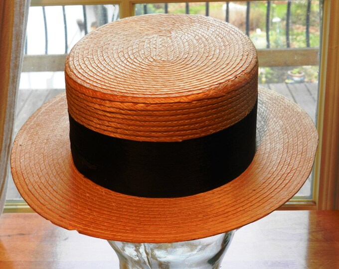 Vintage Italian Made Straw Boater's Hat Flat Top and Rigid Etsy