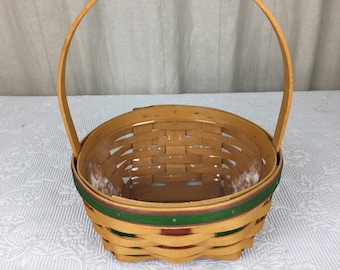 Vintage longabergermand 8 inch rond met vierkante bodem van 5 inch met vast handvat met groene en rode strepen verweven 04266