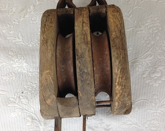 Vintage Doppel Flaschenzug aus Holz und Eisen 33 cm Lang mit 2 Ankerpunkten 04771
