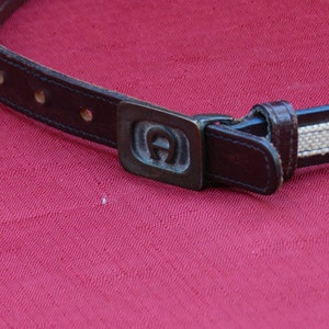 Vintage Etienne Aigner Belt Number 1127 Size 28 Brass with Red Leather and Burlap Fabric 02777 image 2