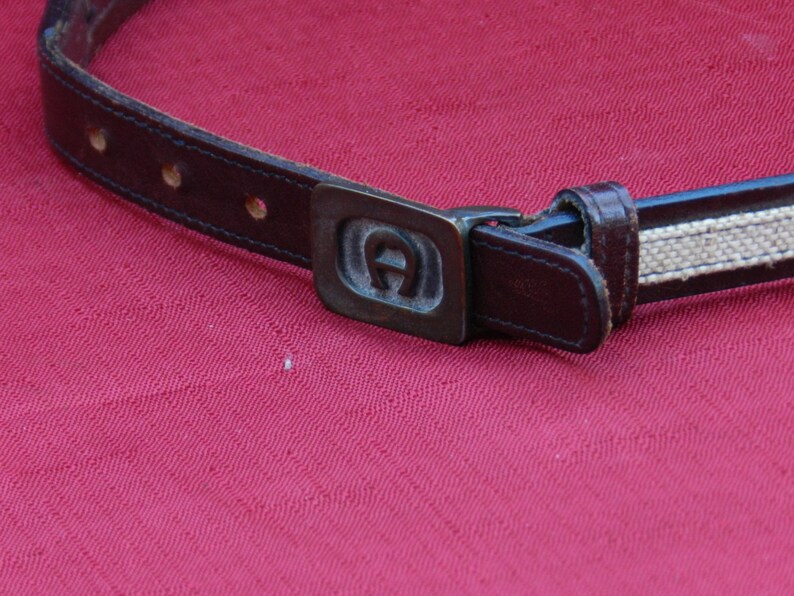 Vintage Etienne Aigner Belt Number 1127 Size 28 Brass with Red Leather and Burlap Fabric 02777 image 2