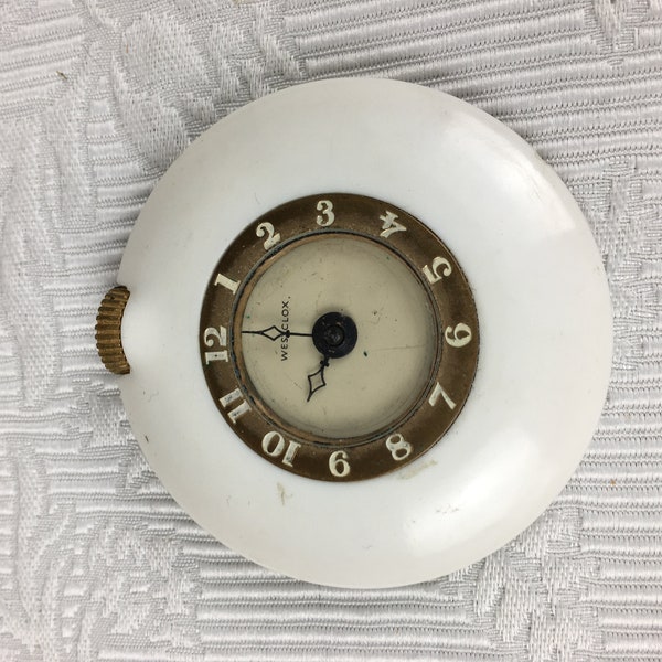 Vintage Art Deco Westclox Purse Watch White Bakelite Body with Plated Metal and Brass Detailing Works Well Back is Missing   04278