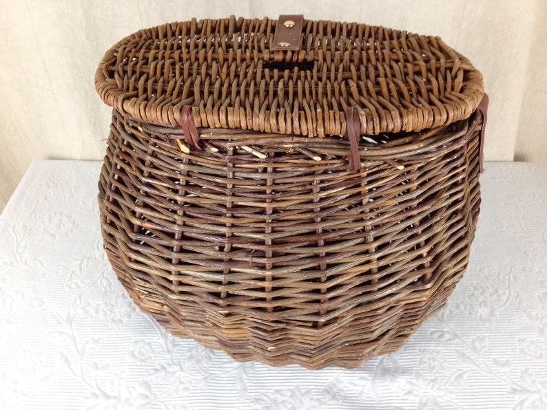 Vintage Large Wicker Fishing Creel Dark Brown With Leather Etsy