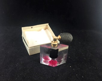 Vintage Evans Atomizer Perfume Bottle Clear Acrylic with Dark Pink Flower Inside in Original Sales Box      04196