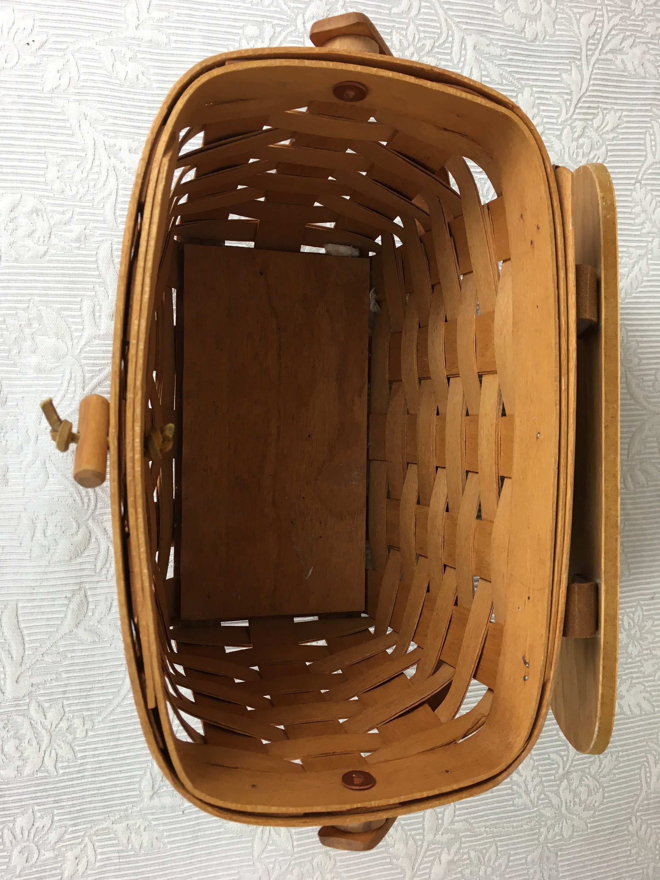 Longaberger Basket With Leather Hinged Wooden Lid and Wooden