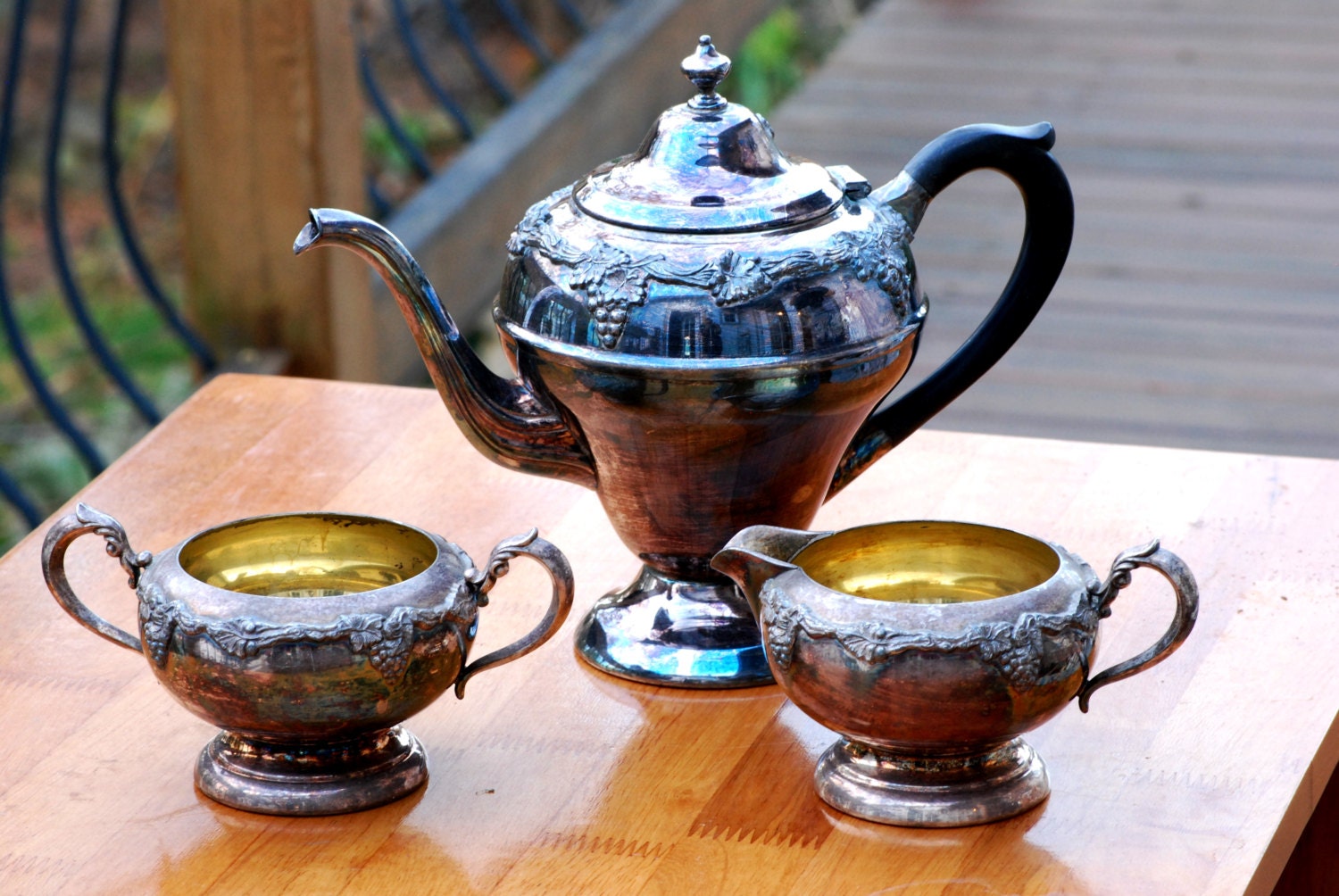 Vintage Viking Copper Tea Pot, Sugar & Creamer, Tea Service, Tea