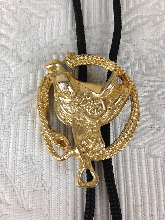 Vintage Bolo Tie with Gold Colored Saddle Surroun… - image 1
