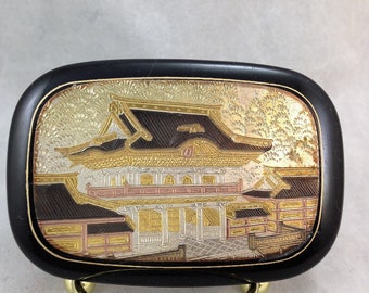 Vintage Asian Theme Pocket Mirror Black with Gold, Silver, Copper and Black Colored Carved Detailing            02378