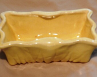 Vintage Yellow McCoy Rectangular Planter 7 1/2 by 3 5/8 in Size with 'Ruffled' Lip Edged and Branch Decor      05053