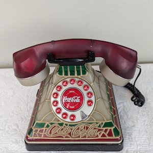 Vintage Antique Interior Coca Cola Stained Glass Style Push Button Telephone  Working Condition    04513