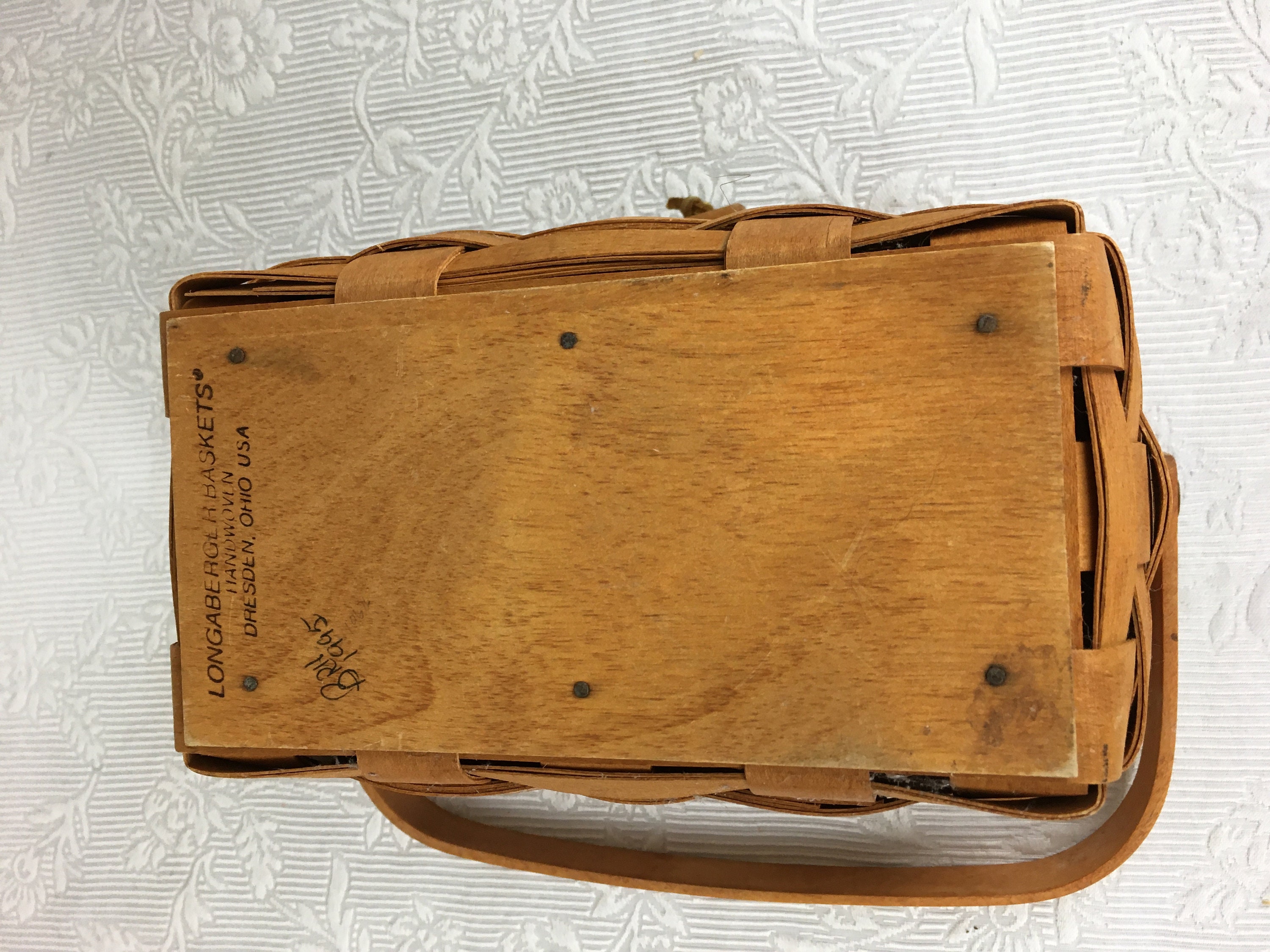 Longaberger Basket With Leather Hinged Wooden Lid and Wooden