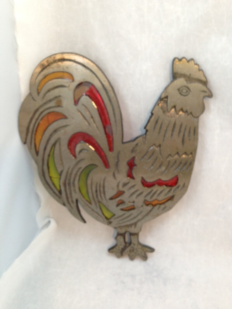 Vintage Metal Rooster Trivet With Melted Glass Inserts 02105 Etsy