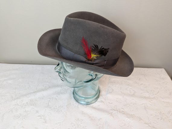 Vintage Elegant Tan Hat with Dark Gray Bow and gray trim Flat Brim Derby Hat - Etsy main image 4