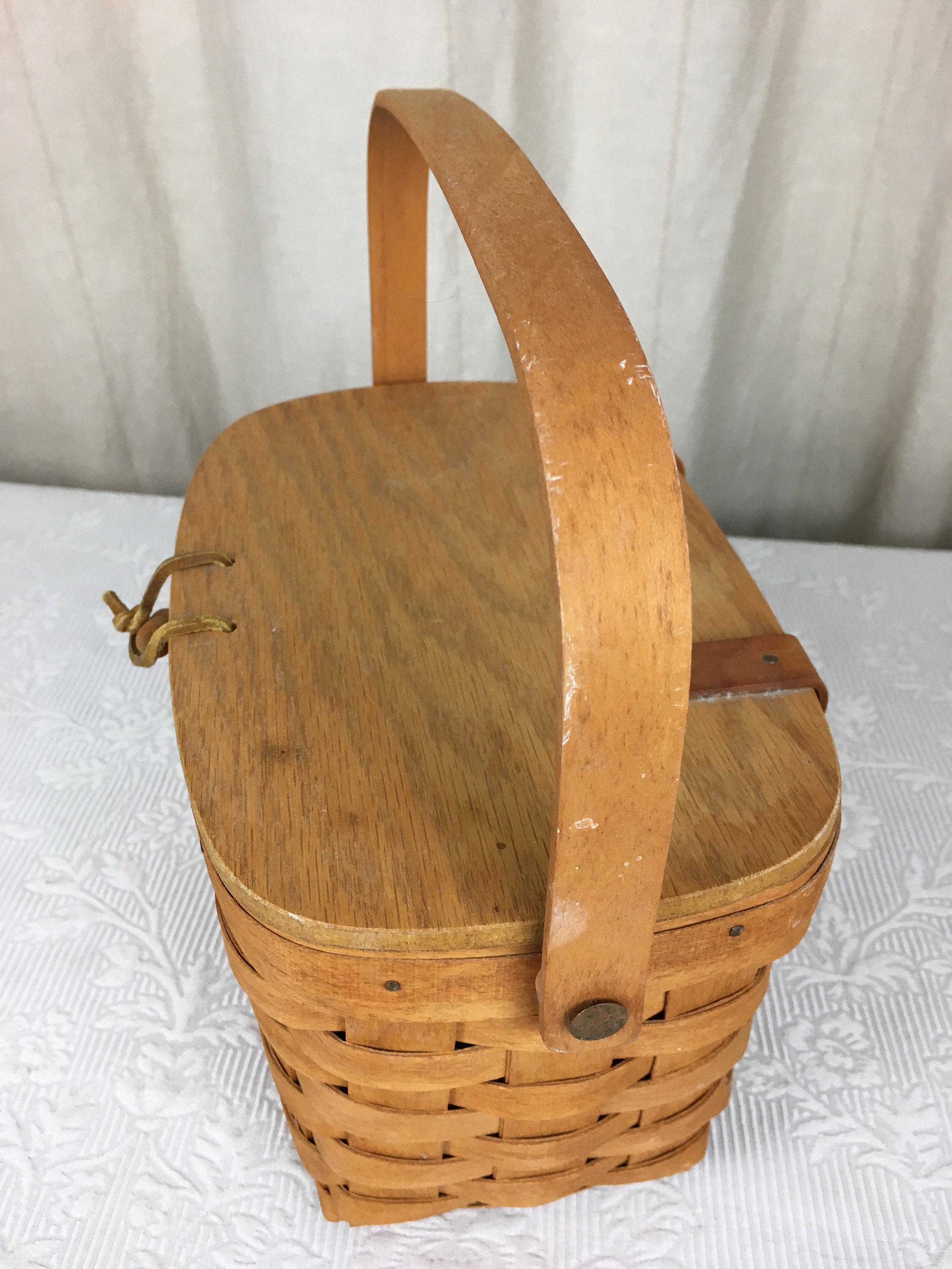 Longaberger Pantry Basket, 1998, Long/narrow Woven Wood Basket W/ Leather  Handles, Fabric Liner & Plastic Divided Insert, Vintage 