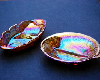 2 Indiana Glass Co. Amber Iridescent Carnival Glass 1 is Oblong "Lilly Pons" Design 2nd is Round "Killarney" Divided Dish     04319