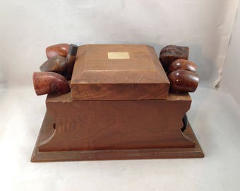 Vintage 6 Pipe Decatur Pipe Rack with Humidor and 6 Assorted Pipes      03961